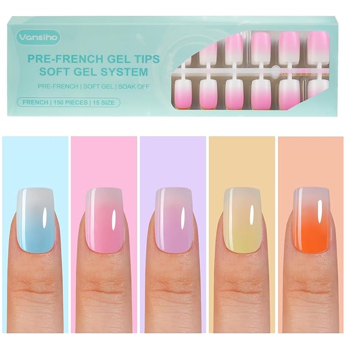 Vansiho 150 Pcs Ombre Gel Nail Tips, Short Square Press on Nails, Soft Gel Nails False Nail, Acrylic Fake Nails for Nail Art DIY - 15 Sizes