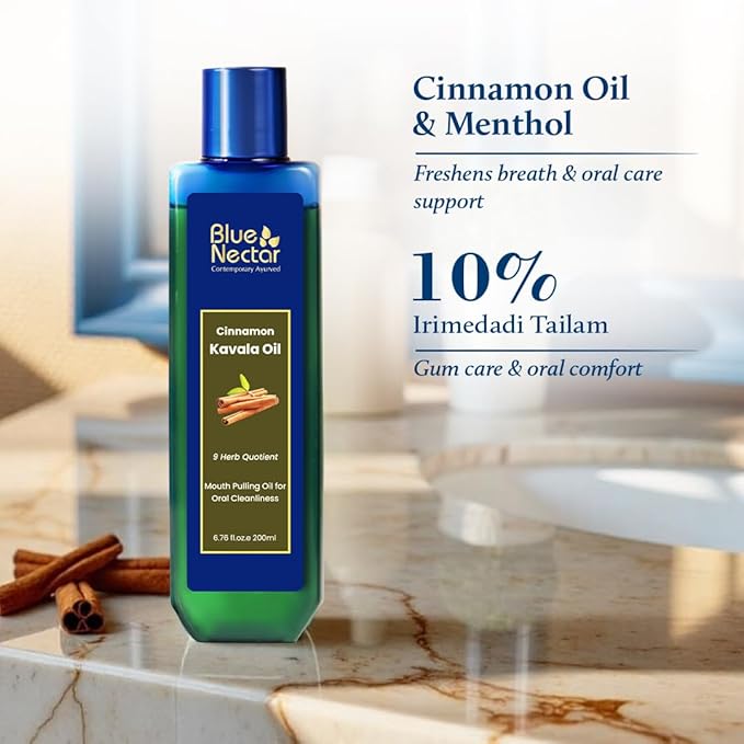 Blue Nectar Cinnamon Mouth Pulling Oil for Kavala Gandusha Oral Hygiene Ritual | Ayurvedic Mouthwash for Fresh Breath,Daily Oral Care & Helps Maintain Fresh Gums (9 Herbs, 3.38 Fl Oz)