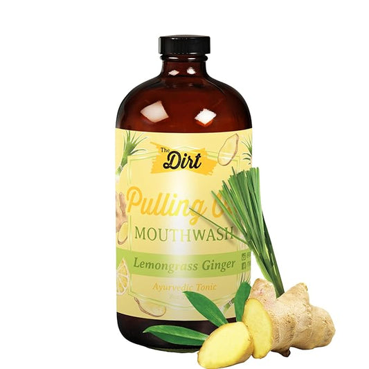 THE DIRT Oil Pulling Mouthwash - Gluten Free - Removes Plaque, Tartar, Bad Breath & Whitens Teeth (Lemongrass & Ginger, 8 Ounce)