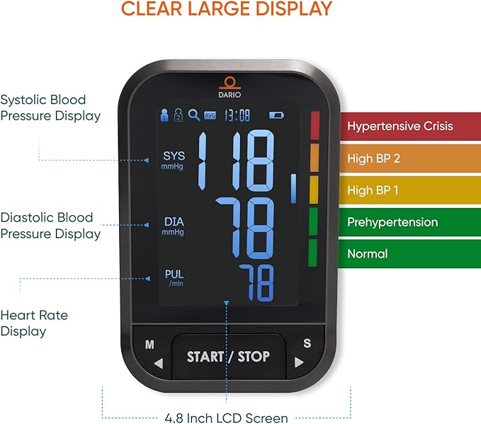 Dario Blood Pressure Monitor for Home Use Gen2 Automatic Machine, LCD Backlit Display, Large Adjustable Arm Cuff (8.75-16.5in) Smart Bluetooth App & Carry Case