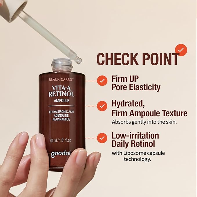 GOODAL Black Carrot VITA-A Retinol Ampoule 30ml, Hydration Facial Serum for Glowy Skin, Lightweight Serum, Korean Skincare, Pore minimizer