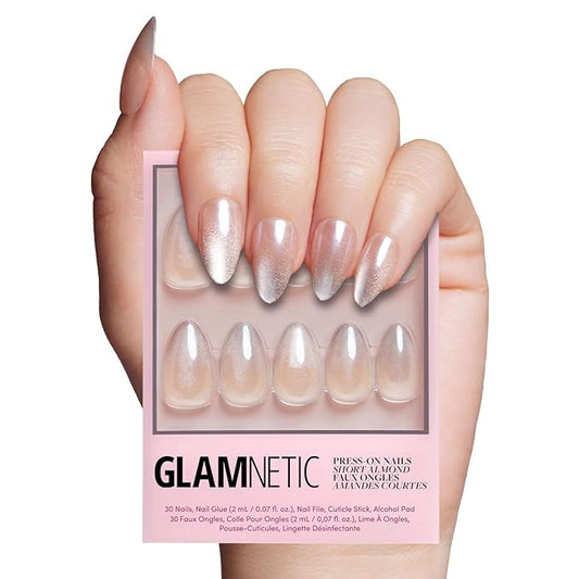 Glamnetic Press On Nails - Polar Night | Short Almond Fake Nails with Ombré Silver Tips and Glossy Velvet Finish, Salon Quality | 15 Sizes - 30 Nail Kit with Glue