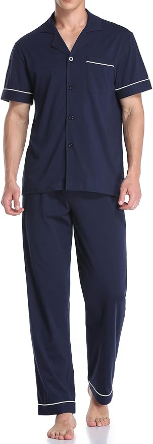 COLORFULLEAF Men's 100% Cotton Pajamas Set Button Down Sleepwear Short Sleeve and Long Pants Pjs
