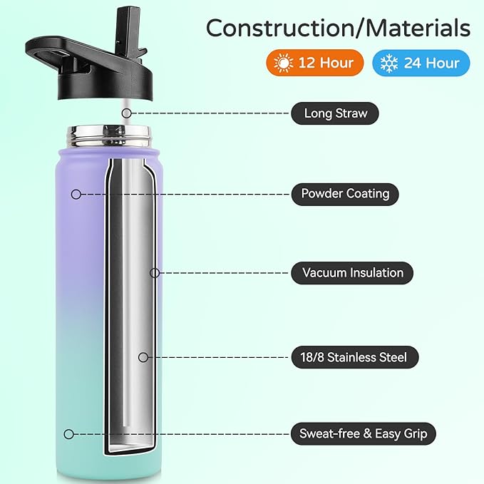 DOMICARE Insulated Water Bottle, 22 oz Vacuum Insulated Stainless Steel Reusable Sports Bottle with Straw Lid & Spout Lid for Travel, Camping, Bike, Leakproof, Purple/Green, 1 Pack