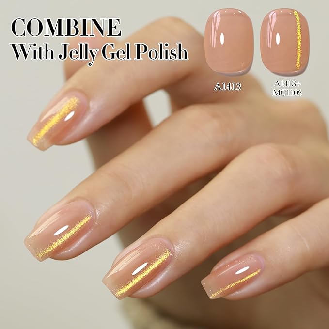 Double Rhythm Jelly Glass Cat Eye Gel Polish with Magnet 15ML Holographic Glitter Shimmer Translucent Sheer Color Magnetic Nail Polish Salon DIY at Home (MC1106)