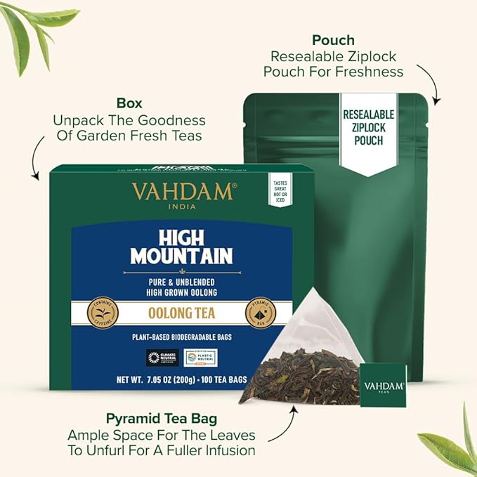 VAHDAM, High Mountain Oolong Tea Bags (100 Count) Non GMO, Gluten Free | High Grown Oolong Tea Leaves - Light & Floral | Resealable Ziplock Pouch