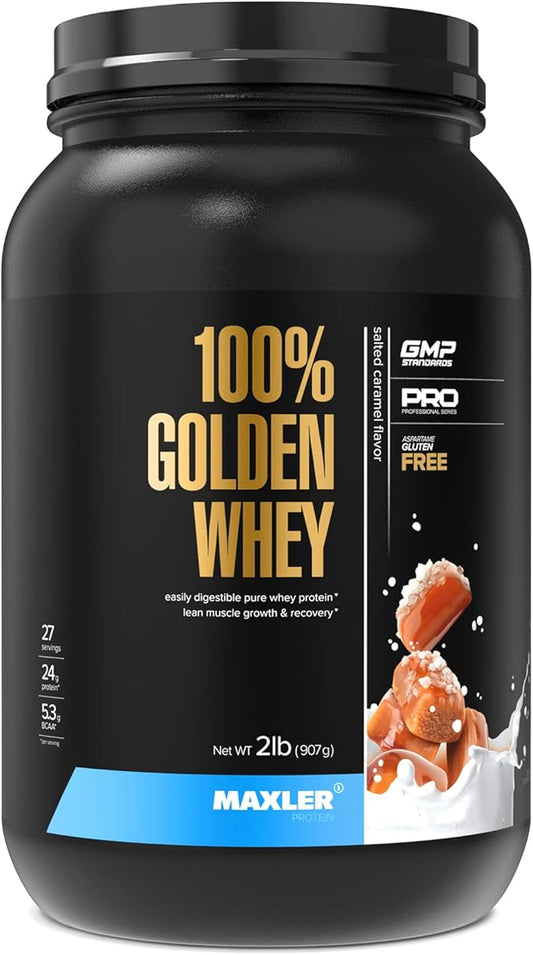 Maxler 100% Golden Whey Protein - 24g of Protein per Serving - Premium Whey Protein Powder for Pre Post Workout - Fast-Absorbing Whey Concentrate, Isolate & Hydrolysate Blend - Salted Caramel 2 lb