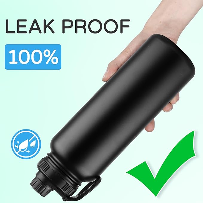 DOMICARE 40 oz Insulated Water Bottle, Vacuum Insulated Stainless Steel Sports Water Bottle with Straw Lid & Spout Lid, Leakproof, Reusable - Travel, Camping, Bike, Black
