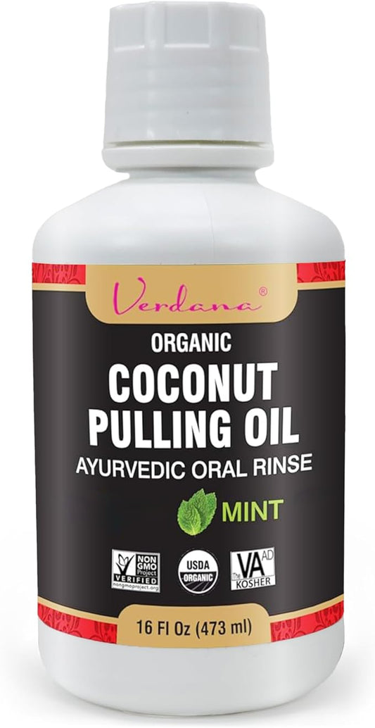 Verdana Organic Oil Pulling Mouthwash – 16 oz Mint – USDA Organic Coconut Oil Rinse for Teeth & Gums – Alcohol-Free, Fluoride-Free Natural Mouthwash for Fresh Breath & Gum Health