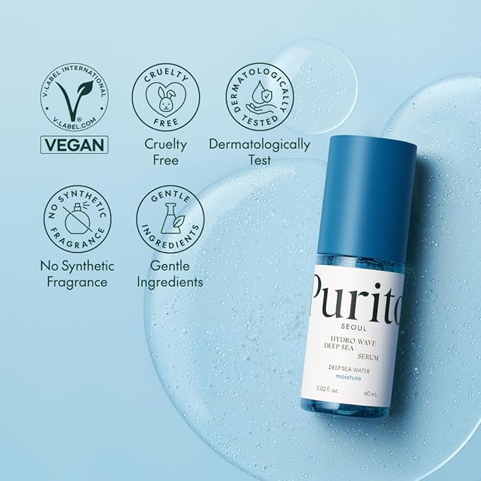 PURITO Hydro Wave Deep Sea Serum, 60 mL / 2.02 fl. oz., Hydrating Face Serum, Lightweight & Non-Greasy, Skin Moisture Boost, Korean Skincare, For Sensitive Skin, Hyaluronic Acid & Deep Sea Water