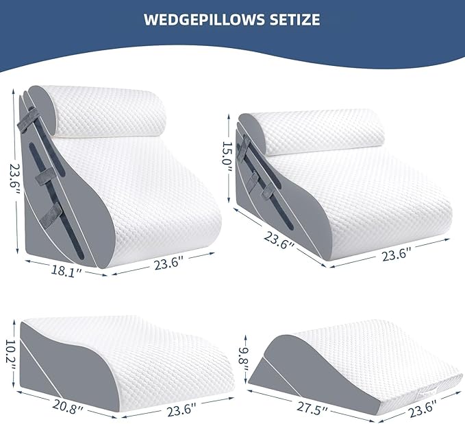 6PCS Orthopedic Bed Wedge Pillow Set with Whole Memory Foam Waist Pillow, Bed Wedge Pillows for Sleeping/Back Pain Relief, Adjustable Leg Elevation Pillows for After Surgery, Swelling, Circulation