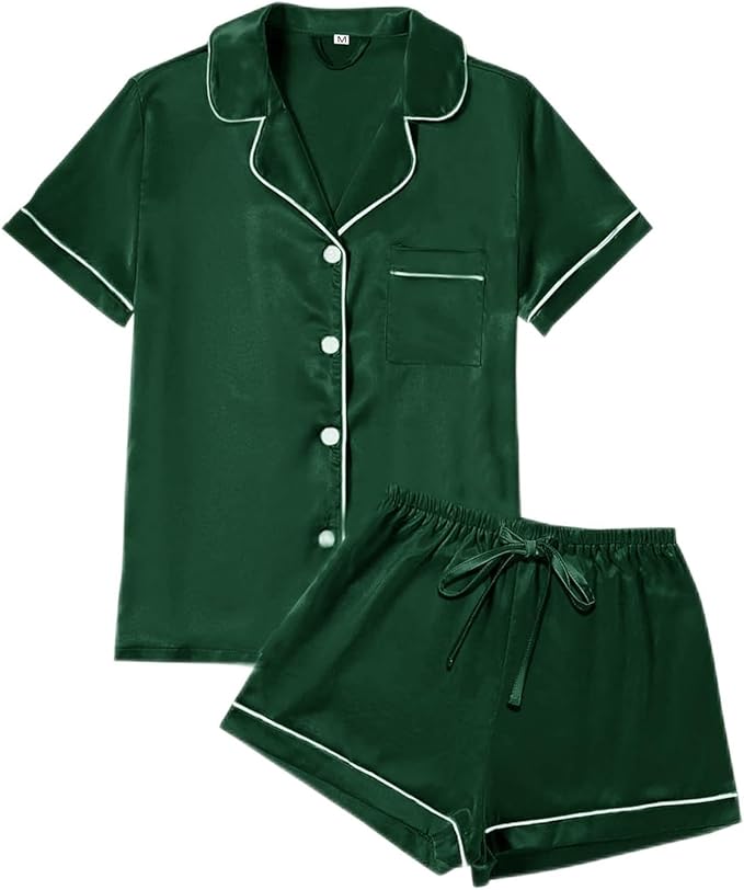 4Pcs Womens Satin Silky Pajama Sets Short Sleeve Shirt XS-4XL Floral Pajamas Set Soft PJ Loungewear Sleepwear