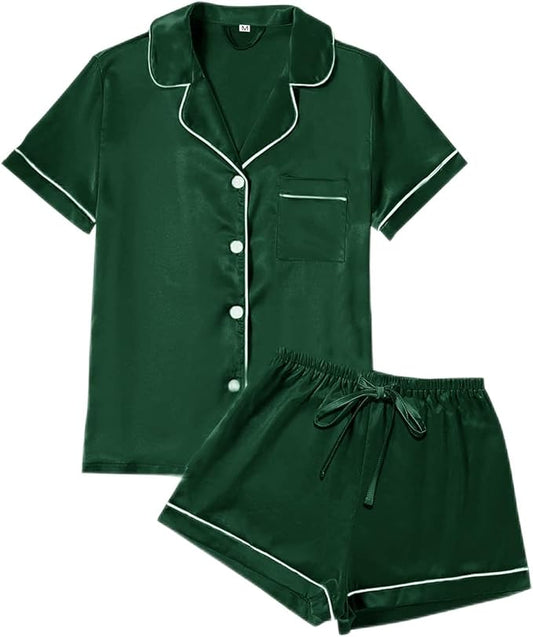 4Pcs Womens Satin Silky Pajama Sets Short Sleeve Shirt XS-4XL Floral Pajamas Set Soft PJ Loungewear Sleepwear
