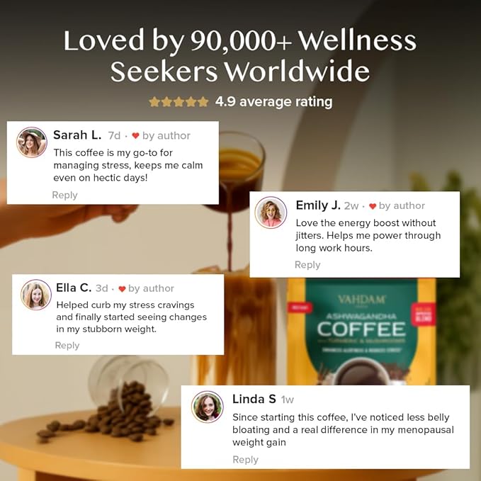 VAHDAM Ashwagandha Coffee with Turmeric, Lion’s Mane & Chaga Mushroom | Clinically Proven KSM 66 Ashwagandha & Pure Arabica Coffee | Stress & Cortisol Support, Better Energy - 40 servings