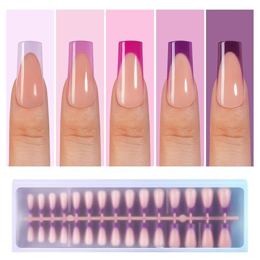 Misssix XBASICTIPS French Tip Press On Nails, 150Pcs Purple French Gel Nail Tips Long Square, Soft Gel Pre-shaped No Need to File 3 in 1 Tips, Fake Nails for Nail Art DIY Extension Designs 15 Sizes