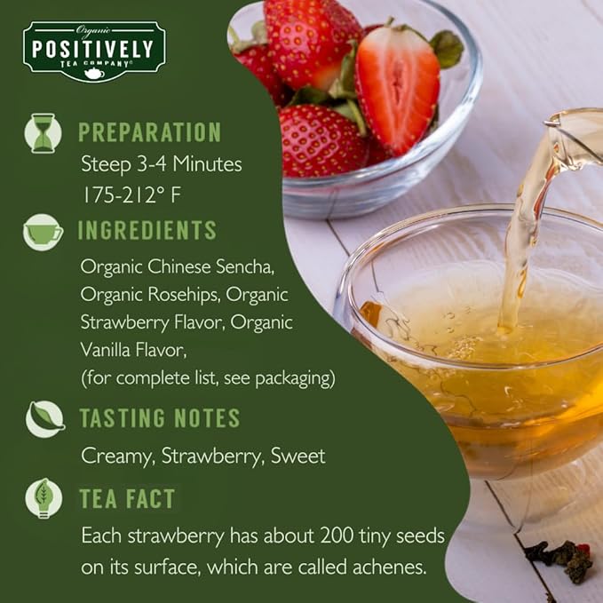 Organic Positively Tea Company, Strawberries and Cream, Green Tea, Loose Leaf, 16 Ounce