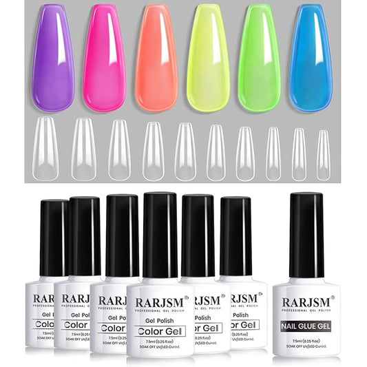 RARJSM Jelly Gel Nail Polish Set, Translucent Neon Nail Polish 6 Color Pink Green Blue Purple Yellow Orange Gel Nail Art 10 Sizes Long Fake Nails