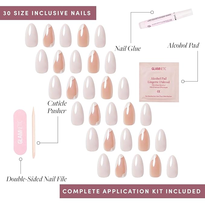 Glamnetic Press On Nails - Lovey Dovey | Glossy, Semi-Transparent Short Almond Nails with Abstract Accents, Salon Quality | 15 Sizes - 30 Nail Kit with Glue