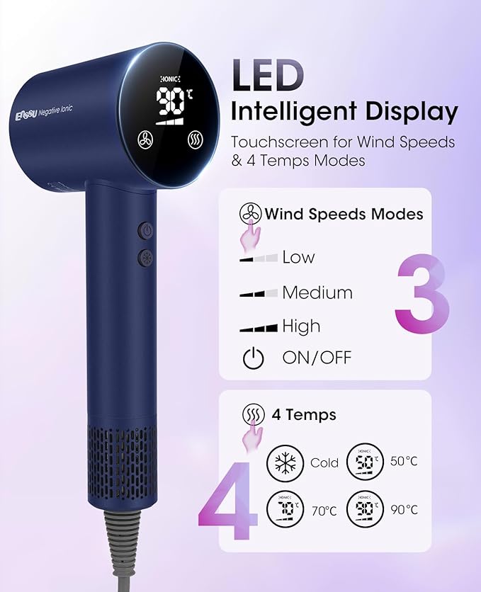 Hair Dryer,110000 RPM High-Speed Brushless Motor for Fast Drying with HD Digital Display Low Noise Compact Hair Blow Dryer for Curly Hair for Home Travel Salon #201Purple Blue