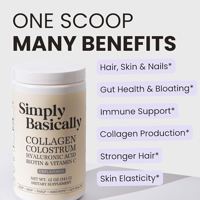 Colostrum & Collagen Peptides Powder with Biotin, Hyaluronic Acid & Vitamin C | Gut Health & Bloating, Immune Support, Hair, Skin & Nails Supplement | Unflavored | 30 Servings