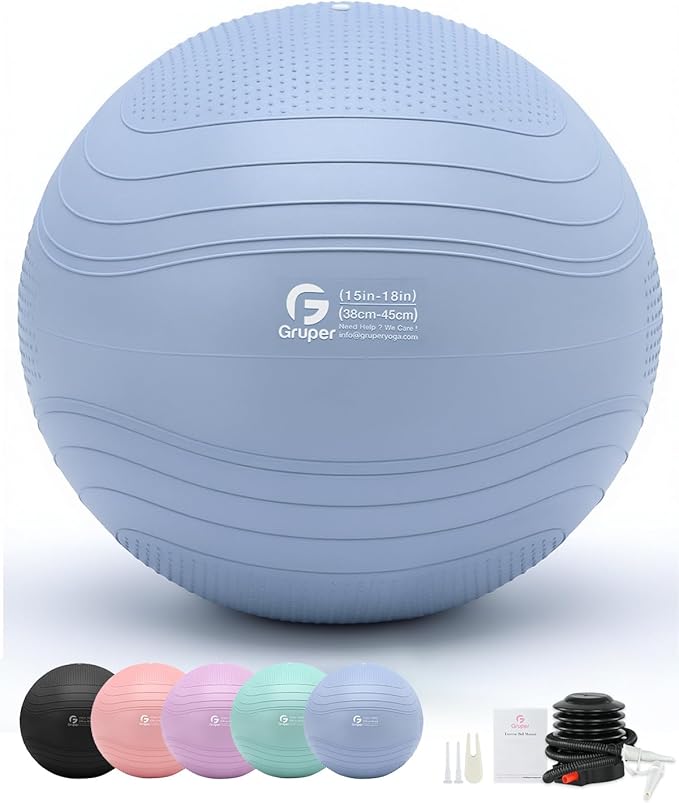 Gruper Yoga Ball, Extra Thick Exercise Ball for Workout Pregnancy Stability - 4 Sizes Anti Burst Balance Ball for Yoga, Pilates, Fitness, Birthing, Physical Therapy - Includes Pump