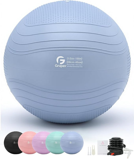 Gruper Yoga Ball, Extra Thick Exercise Ball for Workout Pregnancy Stability - 4 Sizes Anti Burst Balance Ball for Yoga, Pilates, Fitness, Birthing, Physical Therapy - Includes Pump