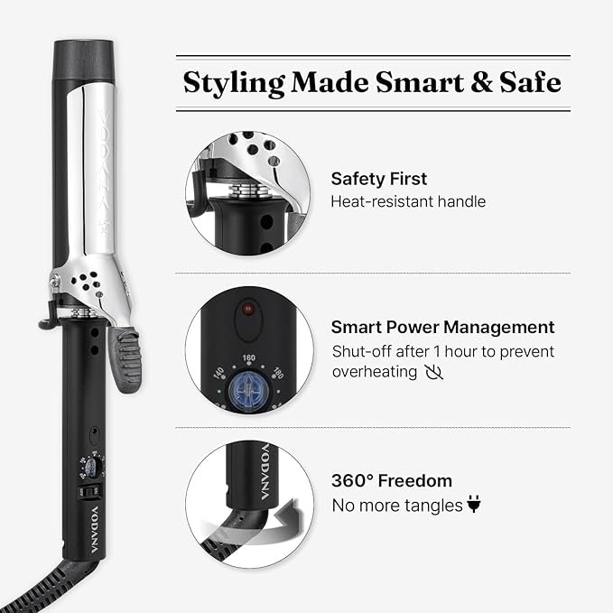 VODANA Professional GlamWave Ceramic Curling Iron, Long-Lasting Natural Curls, Instant Heat, Hair Curler, Curling Wand, Available in USA (1.4 inch, Black)