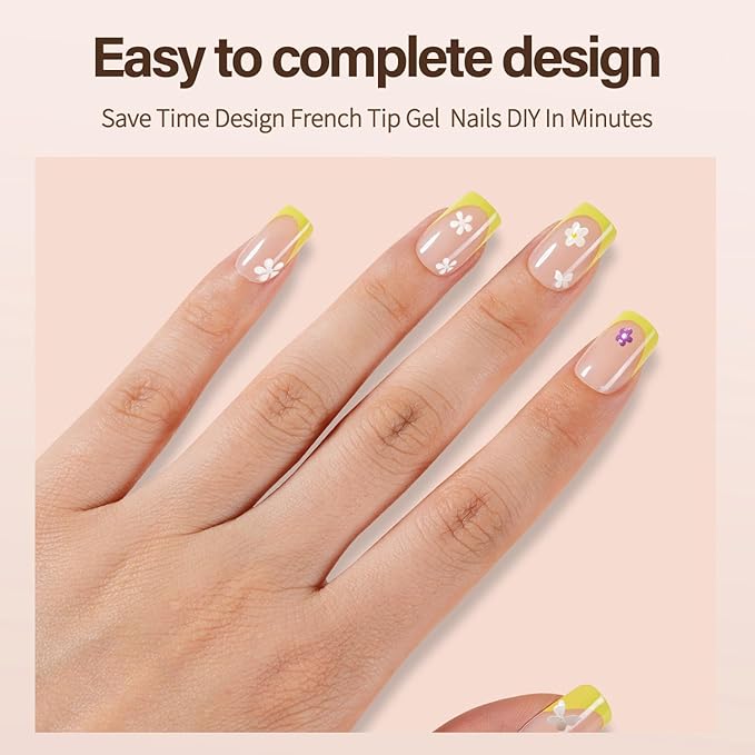 150Pcs French Gel Nail Tips, Vansiho Short Square Nail Tips, Yellow Pre-French Tips Press on Nails, Soak Off Soft Gel Acrylic Fake Nails for Nail Art DIY 15 Sizes