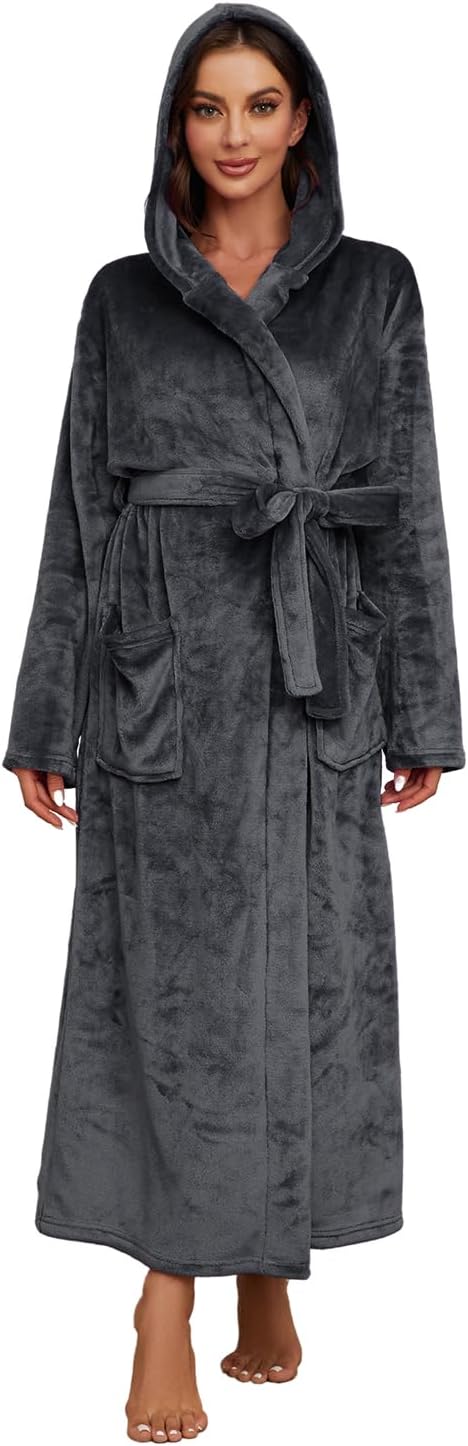 HEARTNICE Womens Long Hooded Robe, Soft Warm Fleece Bathrobes Full Length Plush House Coat