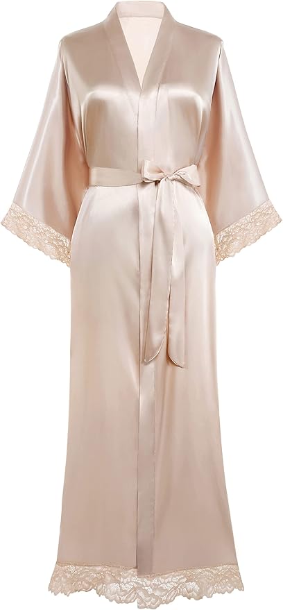 BABEYOND Satin Kimono Robe Silky Long Bridesmaid Wedding Lightweight Bath Robe with Lace Trim