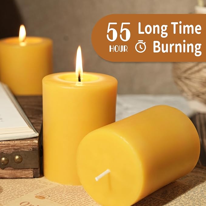 Natural Beeswax Pillar Candle, 110 Hours Long Burning Emergency Candle Unscented Pure Beeswax Pillar Candles 3x4in Dripless Bees Wax Candles for Home Paryer, 2 Packs