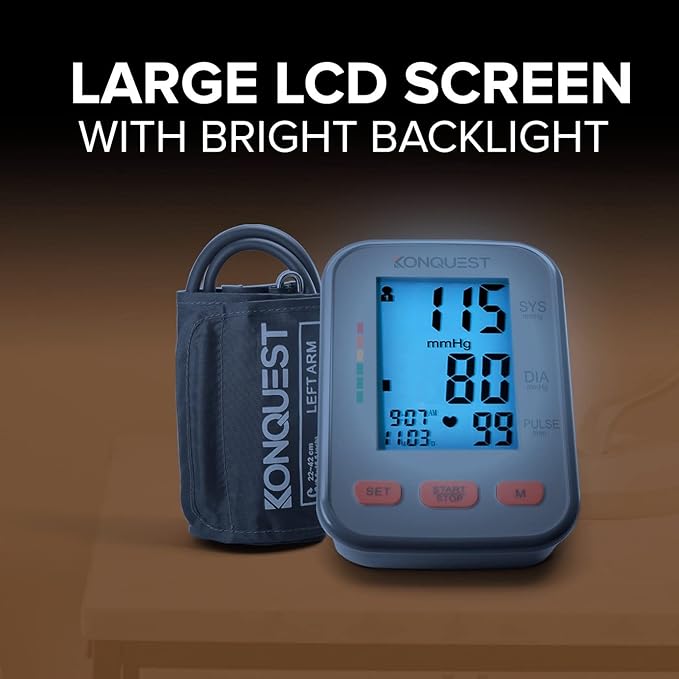 Konquest Automatic Upper Arm Blood Pressure Monitor - Extra Large Cuff 12 ½ ” to 19 ” (32 to 48.5 cm) - Large Backlit Display - Irregular Heartbeat Detector - Blood Pressure Monitor for Home Use