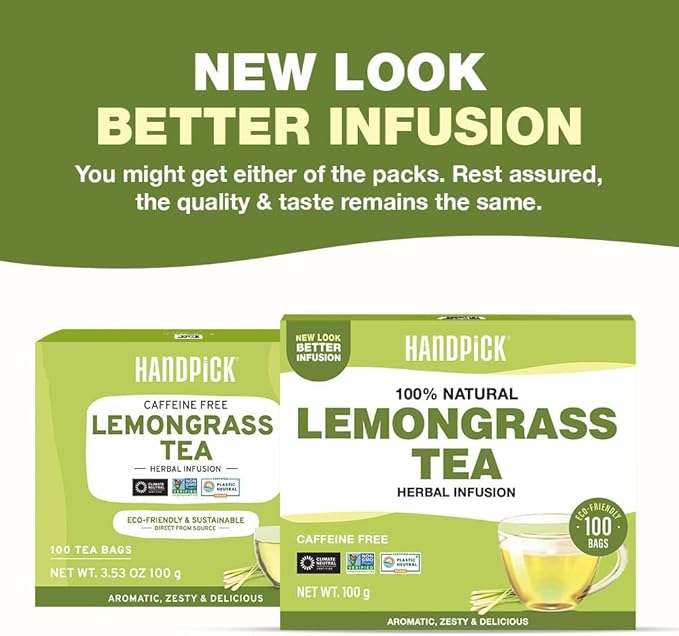 HANDPICK, Lemongrass Tea Bags (100 Count) Non-GMO, Caffeine Free - Quality Lemongrass Herbal Tea- Eco-conscious Round Tea Bags | Brew Hot or Iced Tea
