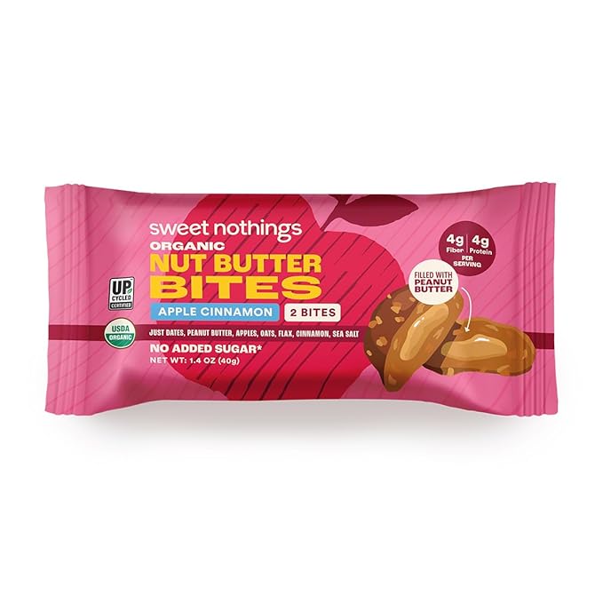 Sweet Nothings, Apple Cinnamon, USDA Organic Nut Butter Bites Protein Bar, Nut & Date Snack, Filled with Peanut Butter, 12-2 Bite Value Packs - No Added Sugar, Good Source of Fiber, Only 7 Ingredients