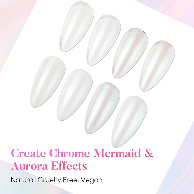 AIMEILI Pearl Chrome Nail Powder, Vegan, Cruelty Free, 4 Colors Aurora Metallic Holographic Mirror Effect Nail Art Pigment Iridescent Shell Glitter Nail Art