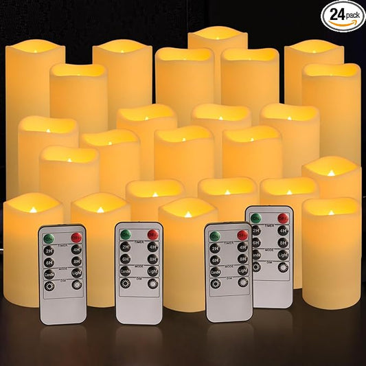 Set of 24 Waterproof Outdoor Flameless Candles, LED Candles with 4 Remote and Timer,(H 4" 5" 6" x D 2.2"),for Halloween Wedding Festiv