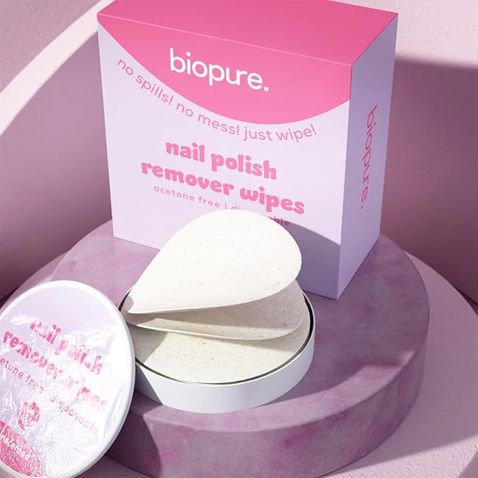 Biopure Nail Polish Remover Wipes Acetone-Free & Non-Toxic – Quick & Easy Nail Polish Removal, Travel-Friendly Disposable Pads w/Sealable Jar (90 Count, Unscented)