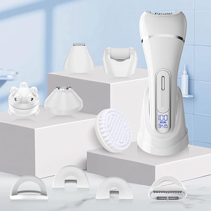 Electric Shavers for Women, 7 in 1 Hair Removal Kit with Epilator Bikini Trimmer Face Razor Body Brush Face Massager Foot Callus Remover, IPX7 Waterproof Lady Razors Set for Legs Armpit Bikini Pubic