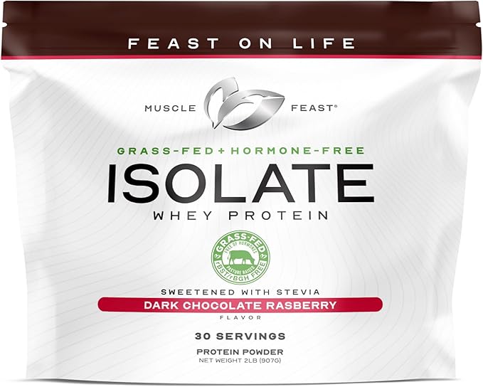 Muscle Feast Grass-Fed Whey Protein Isolate, All Natural Hormone Free Pasture Raised, Whey Isolate Protein Powder for Men and Women, Clean and Delicious, Gluten-Free - Dark Chocolate Rasberry, 2lb