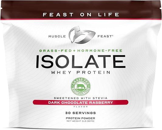 Muscle Feast Grass-Fed Whey Protein Isolate, All Natural Hormone Free Pasture Raised, Whey Isolate Protein Powder for Men and Women, Clean and Delicious, Gluten-Free - Dark Chocolate Rasberry, 2lb