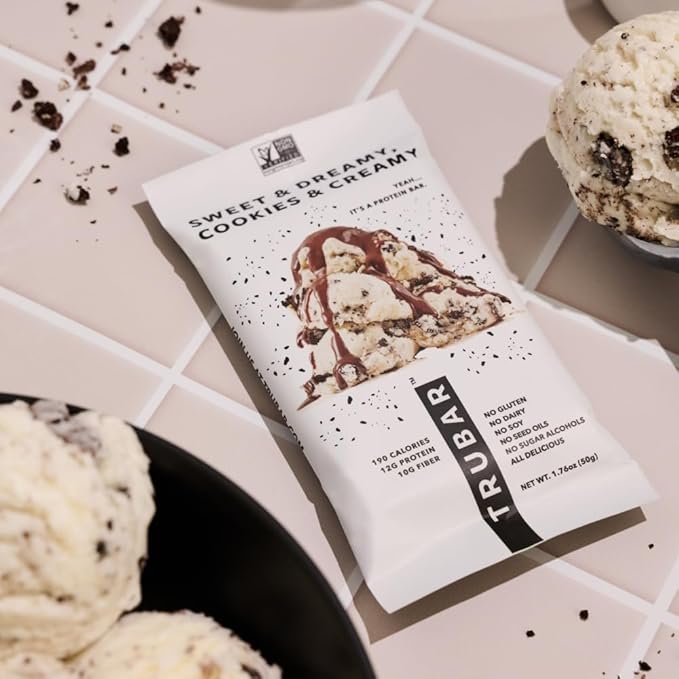 TRUBAR Vegan Protein Bar, Sweet & Dreamy Cookies and Creamy, Gluten Free, Plant Based Protein, Dairy Free, Non GMO, Soy Free, No Sugar Alcohols, 12G Protein, 12G Fiber, 23G Carb, On the Go Snack Bars, 12ct