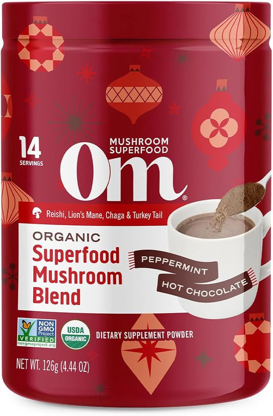 OM MUSHROOM SUPERFOOD Peppermint Hot Chocolate Superfood Mushroom Blend, 4.44 oz, 14 Servings, for Immune Health