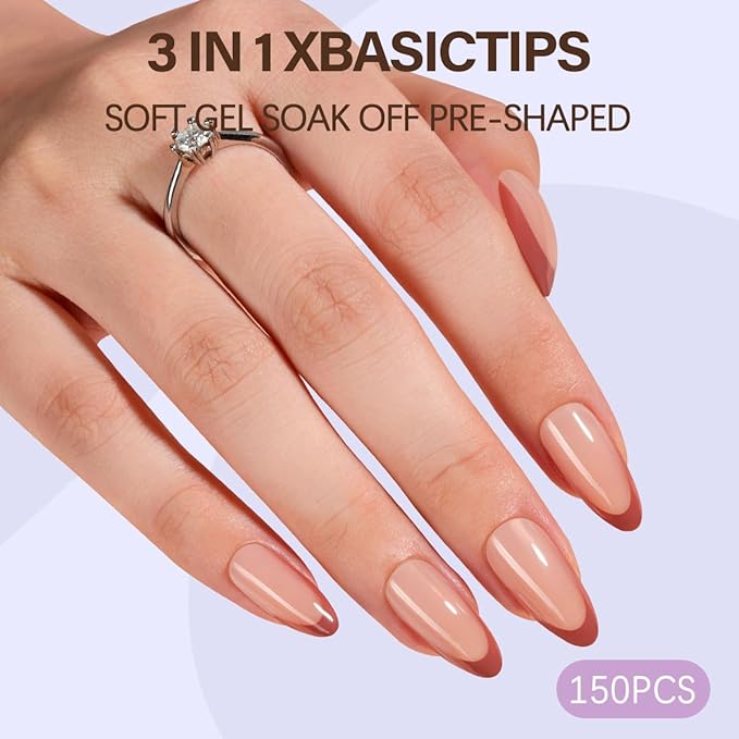 Misssix XBASICTIPS French Tip Press On Nails, 150Pcs French Gel Nail Tips Medium Almond, Soft Gel Pre-shaped No Need to File 3 in 1 Tips, Fake Nails for Nail Art DIY Extension Designs 15 Sizes