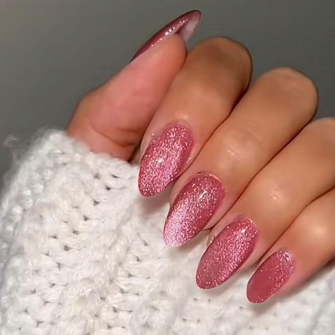 GLAMERMAID Pink Magnet Cat Eyes Press on Nails Short Almond, Handmade Jelly Gel Fake Nail Kits, Ombre Glitter Magnetic Glue on Nail Stiletto, Pink Aurora Medium Oval Stick on False Nail Set for Women