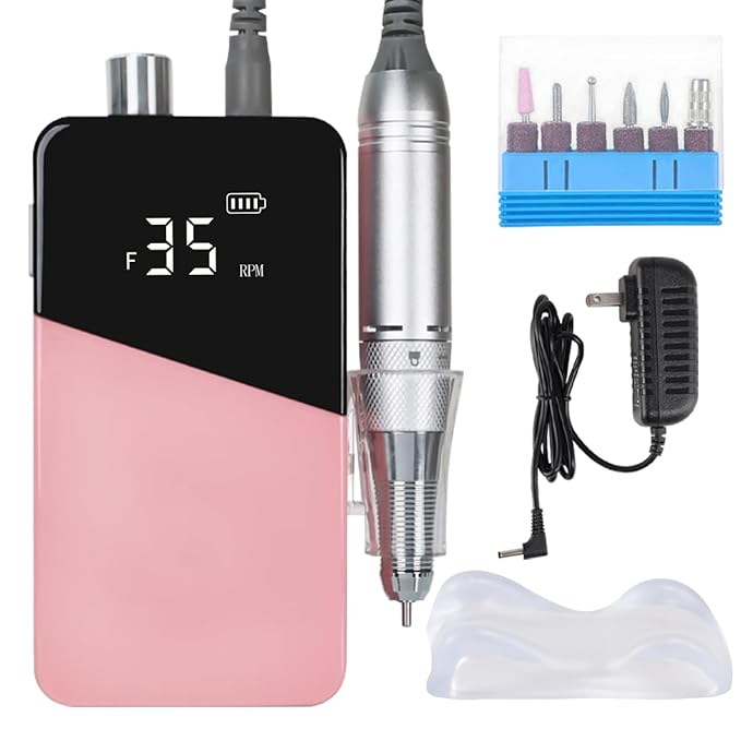 Electric Nail Drill Machine 35000RPM Professional Portable Nail File Cordless Rechargeable Nail Efile for Acrylic Gel Nails Manicure Pedicure Polishing Shape Tools for Salon (Pink)