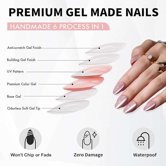 Pink Cat Eye Press on Nails Short - Soft Gel Press on Nails Almond for Women Gift, Fit Perfectly & Natural Glue on Nails in 16 Sizes - 32 Reusable Fake Nails with Glue, Beige Pink