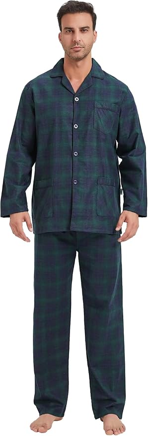GLOBAL Men's Pajamas Sets 100% Cotton Flannel Sleepwear Long-Sleeve top & Bottom