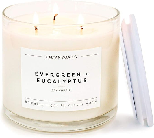 Calyan Wax Co. 3 Wick Candle, Evergreen + Eucalyptus Scented Candle, 43 Hour Burn Time, 3 Wick Soy Candles, Non Toxic & Vegan Soy Wax, Glass Jar Scented Candles, 14.9oz