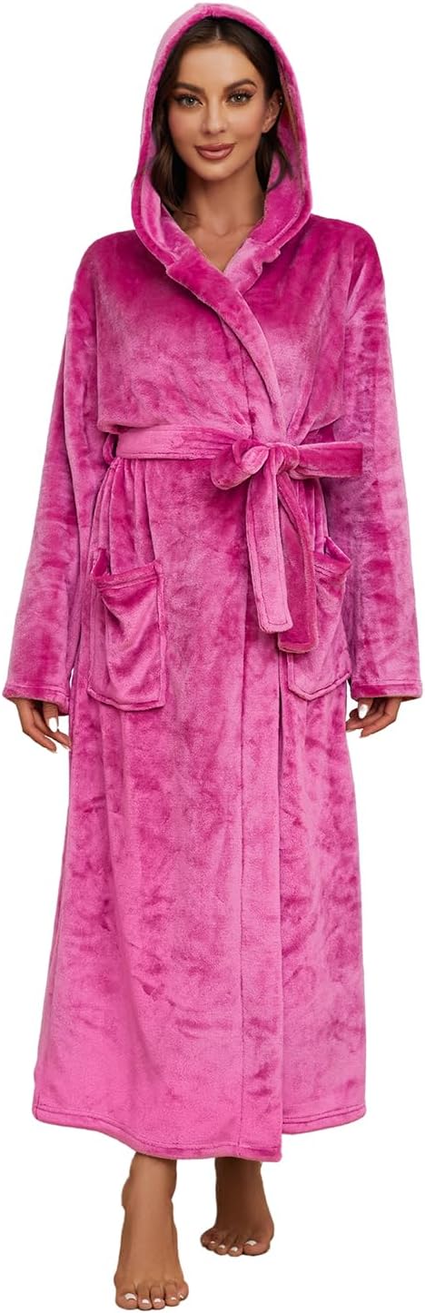 HEARTNICE Womens Long Hooded Robe, Soft Warm Fleece Bathrobes Full Length Plush House Coat