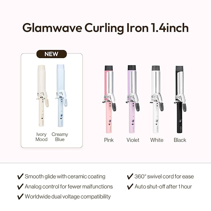 VODANA Professional GlamWave Ceramic Curling Iron, Long-Lasting Natural Curls, Instant Heat, Hair Curler, Curling Wand, Available in USA (1.4 inch, Creamy Blue)